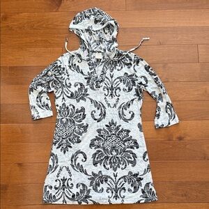 Balance Collection White Hooded Swim Coverup Dress with Black Damask Print